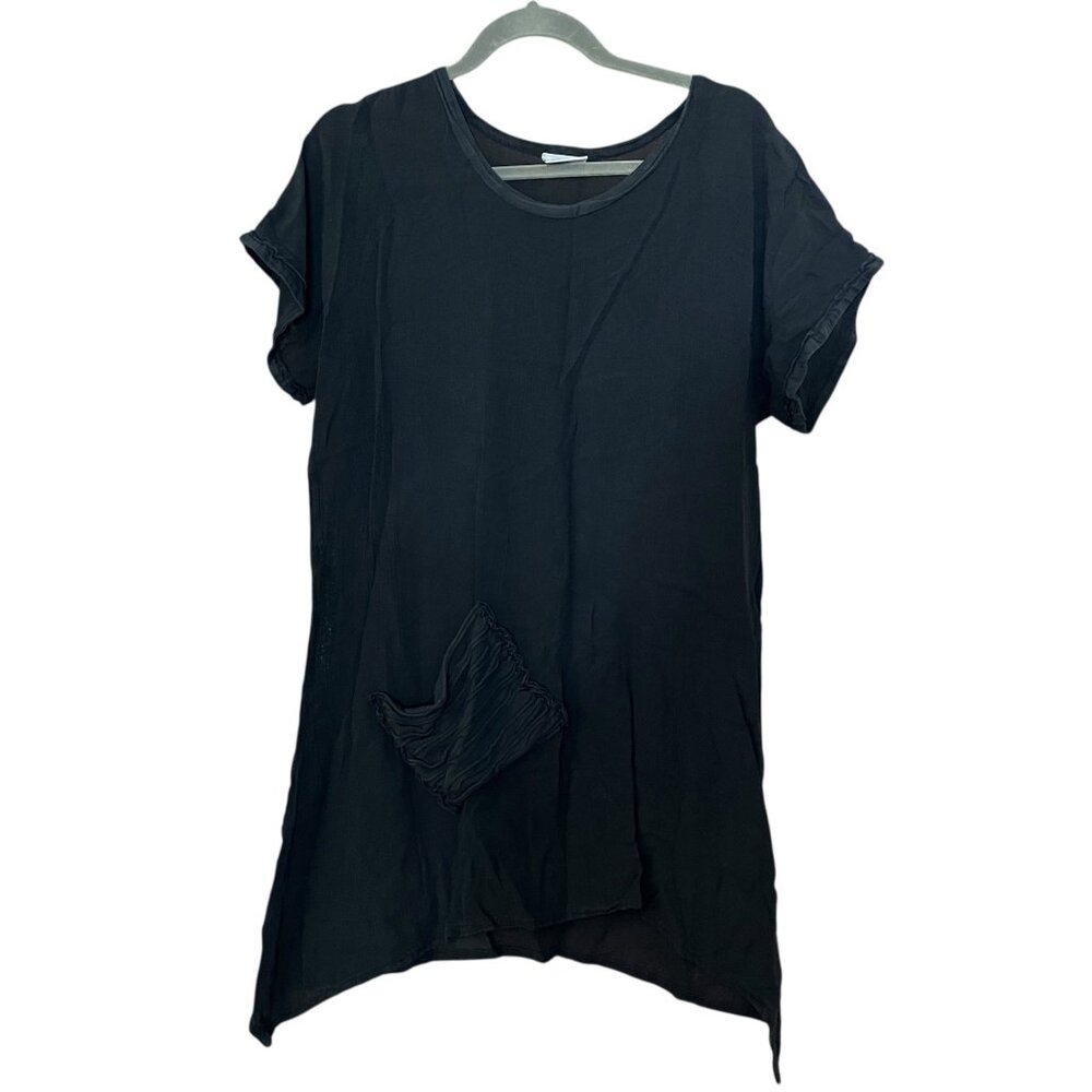 Oh My Gauze! Black Faith Tunic Top Pocket Asymmetrical Hem Size 1 Lagenlook Art